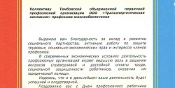 Объединённый профсоюз АО «ТСК» и АО «ТОСК» получил благодарность главы Тамбовской области